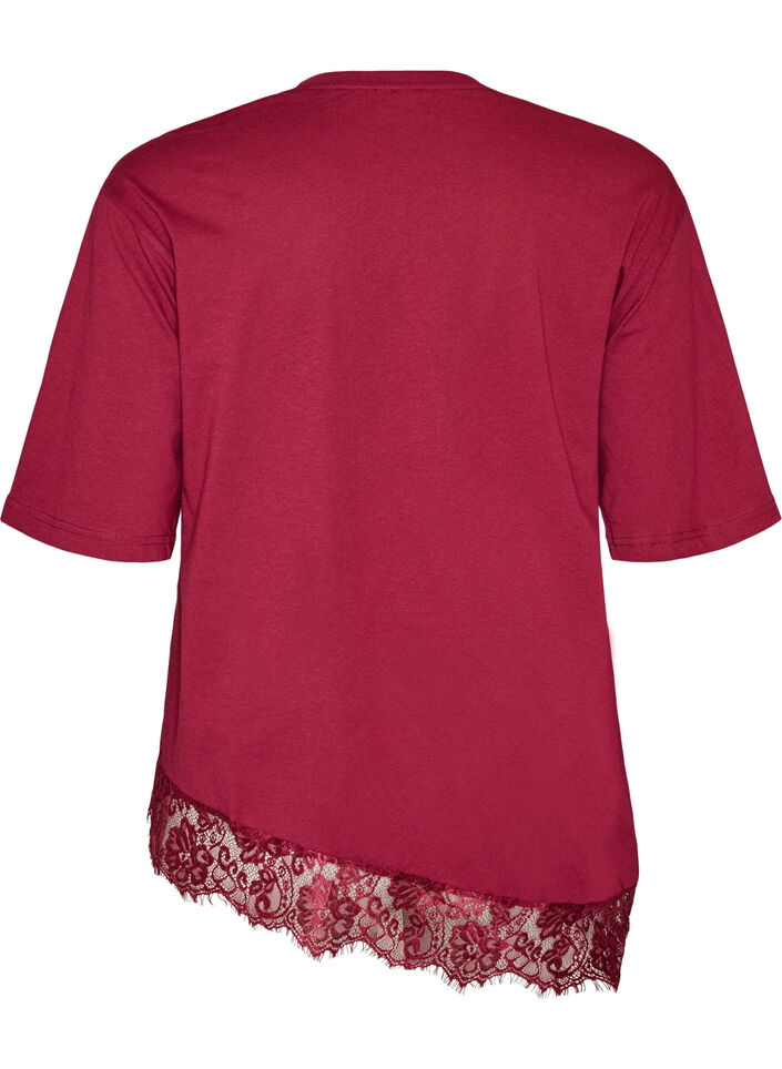 T-skjorte med asymmetrisk blondekant, R&oslash;d, Packshot image number 1