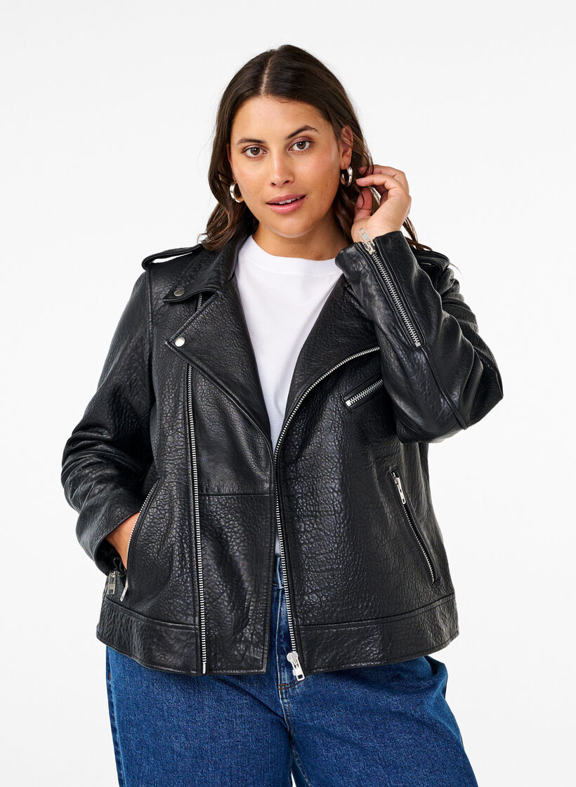 Bikerjakke i skinn med lommer, Black, Model image number 0