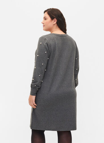 Langermet kjole med perledetaljer, Dark Grey Melange, Model image number 1