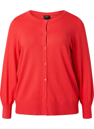 Ribbet cardigan med knappelukking, Poppy Red, Packshot image number 0