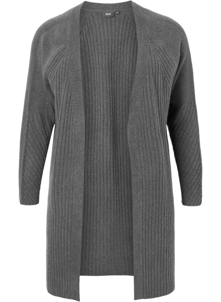 Lang cardigan i ribbestrikk, Dark Grey Melange, Packshot image number 0