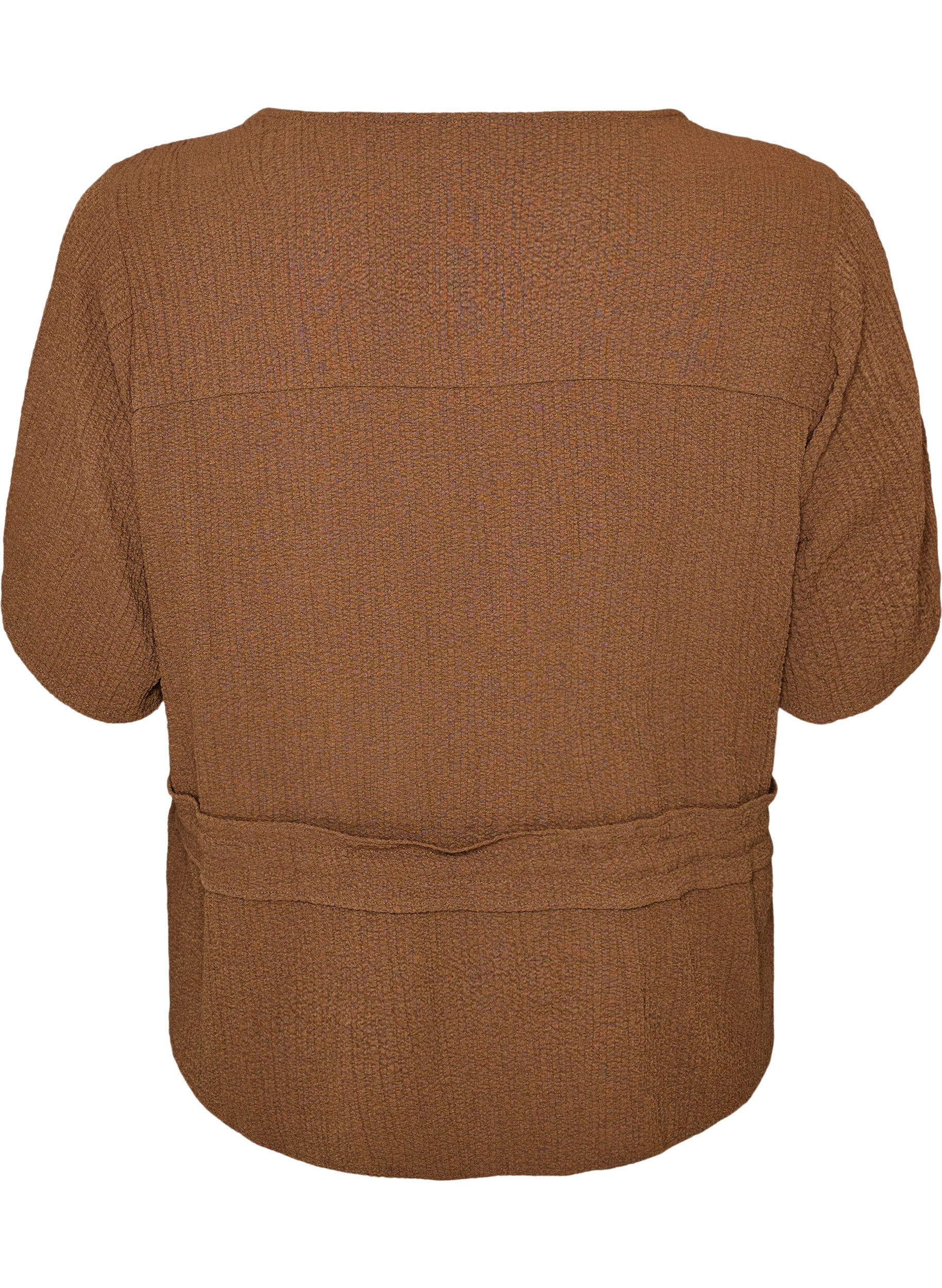 ZizziBluse med tekstur og knytebelte, Brun, Packshot image number 1