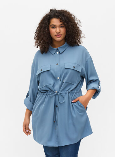 Langermet skjortejakke med knyting og lommer, Blue Shadow, Model image number 0