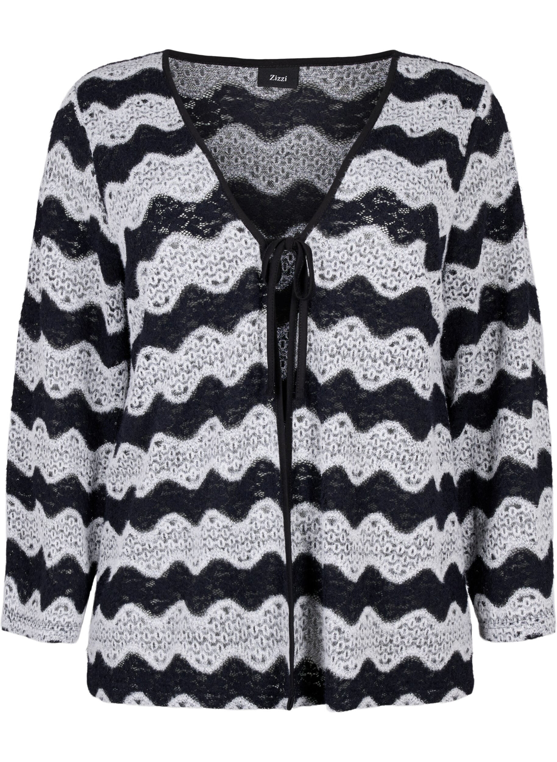Zizzi Strikket cardigan med b&oslash;lgem&oslash;nster, Black Stripe, Packshot image number 0