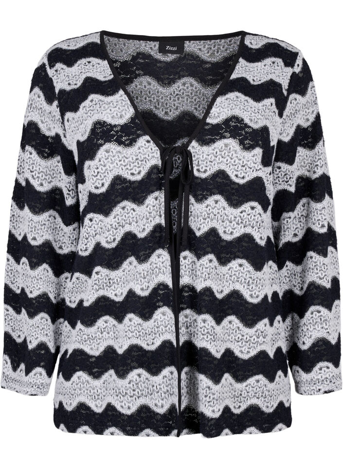 Strikket cardigan med bølgemønster, Black Stripe, Packshot image number 0