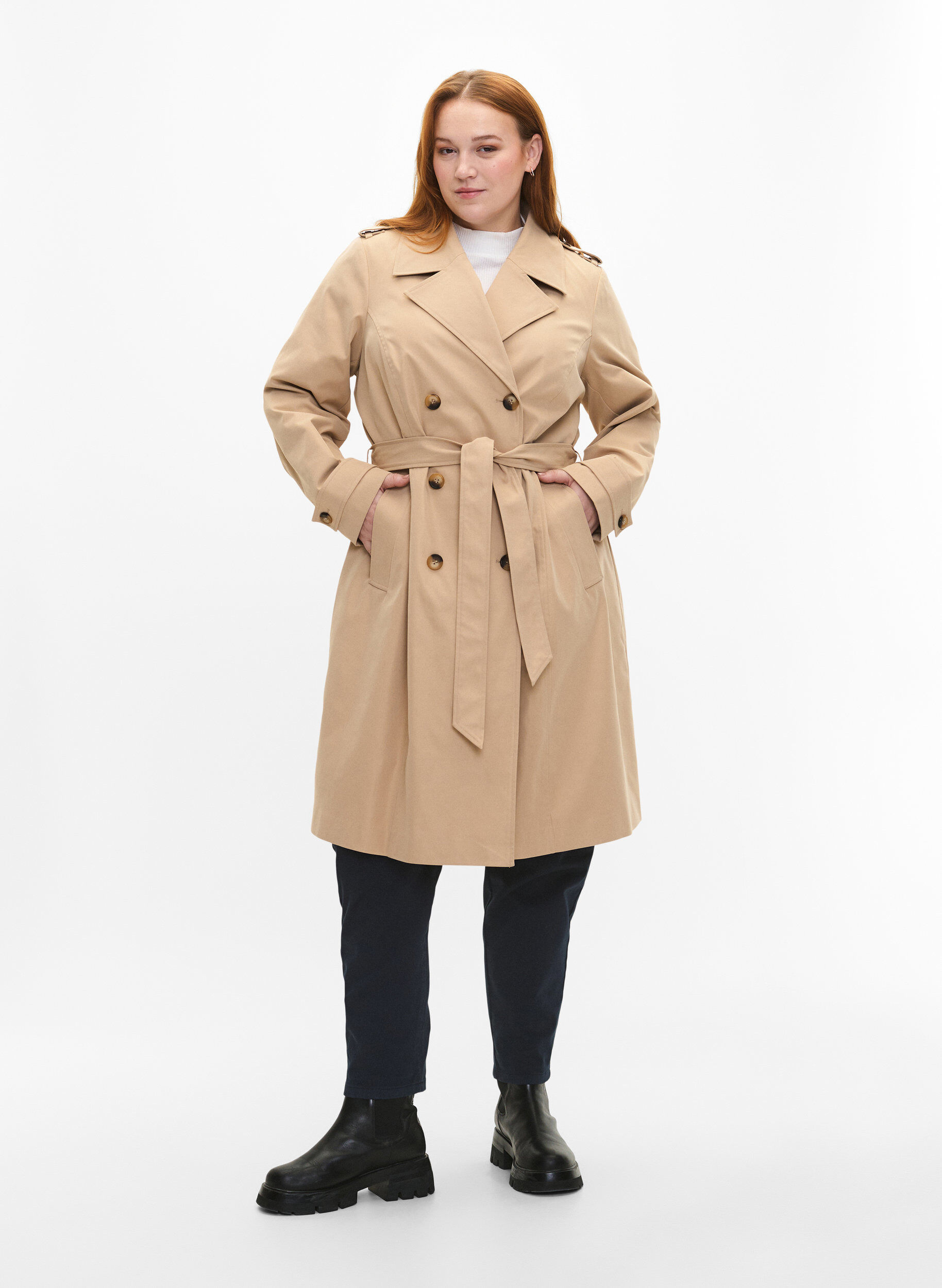 Trenchcoat med lommer og belte Beige Str. 42 60 Zizzi