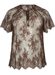 Kortermet bluse med blonder og knyting, Brun