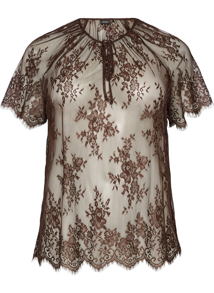 Kortermet bluse med blonder og knyting, Brun, Packshot image number 0
