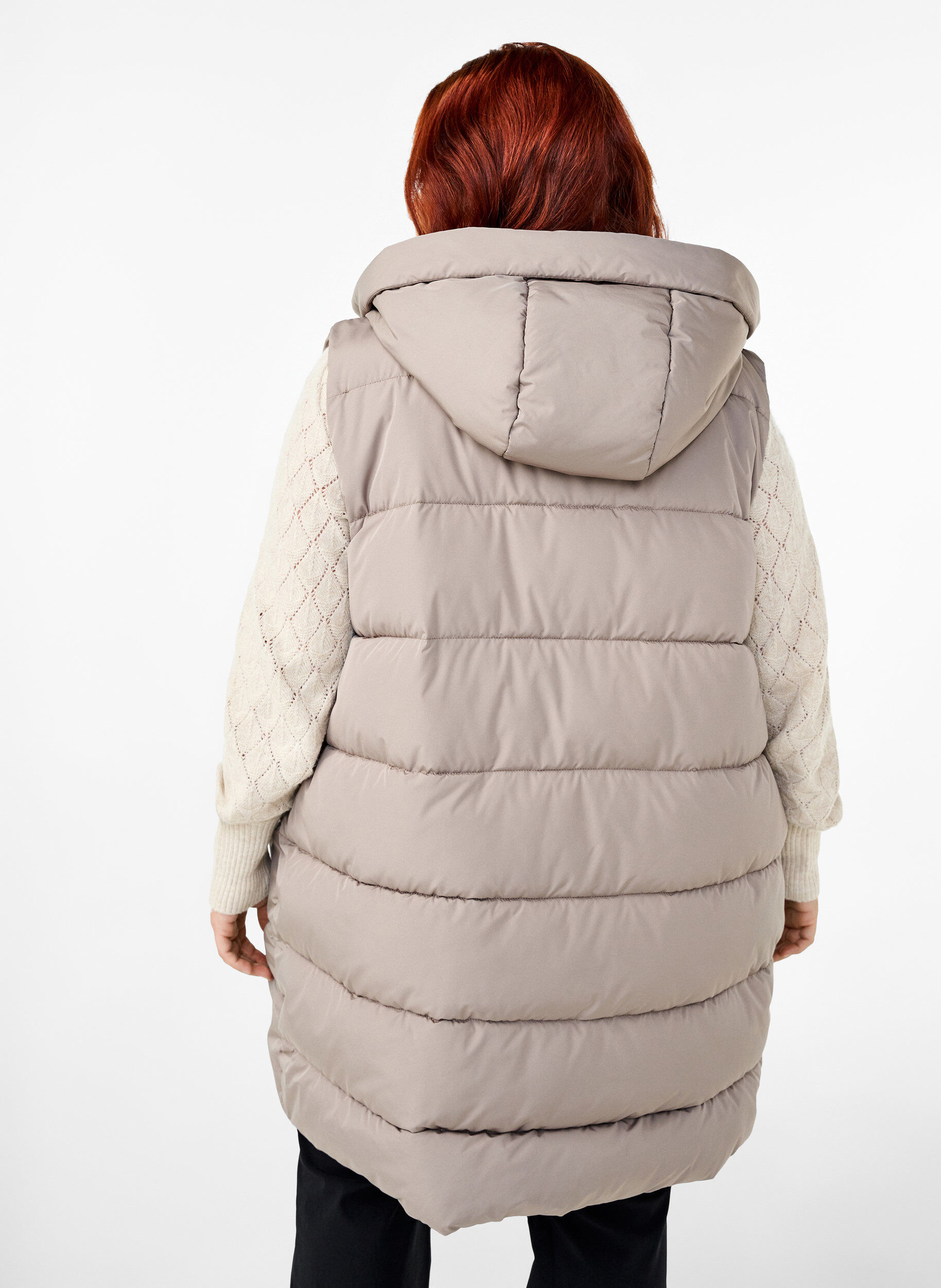 Zizzi Lang vest med hette og lommer, Beige, Model image number 2