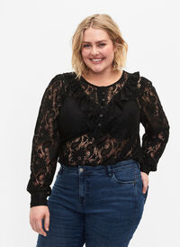 Blondebluse med volangdetalj, Black, Model
