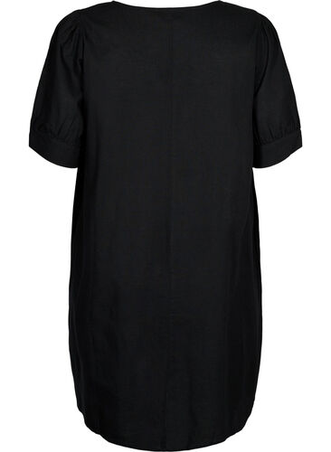 Kjole med V-hals i bomullsmiks med lin, Black, Packshot image number 1