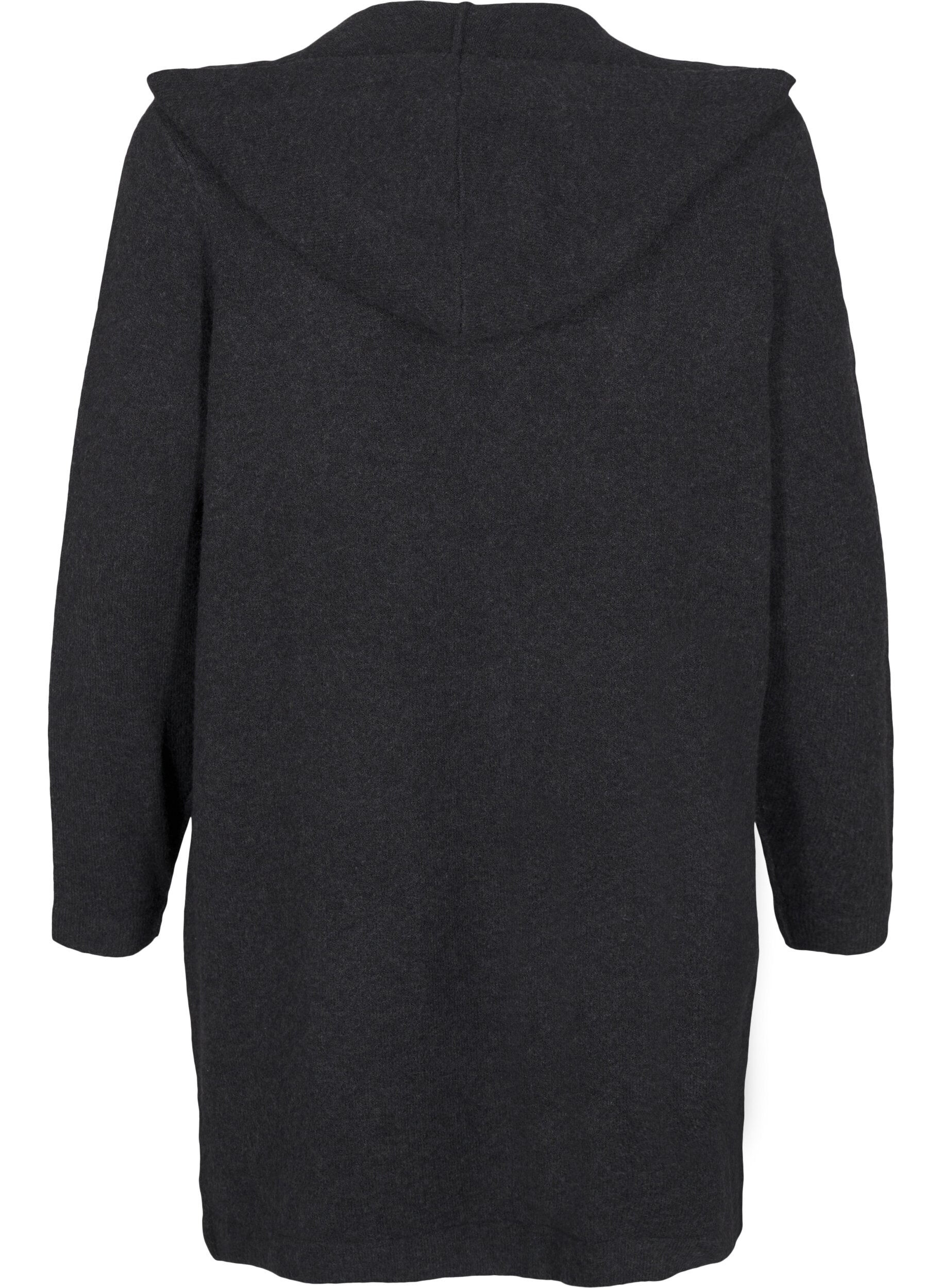 Zizzi Lang strikket cardigan med ull og hette, Dark Grey Melange, Packshot image number 1