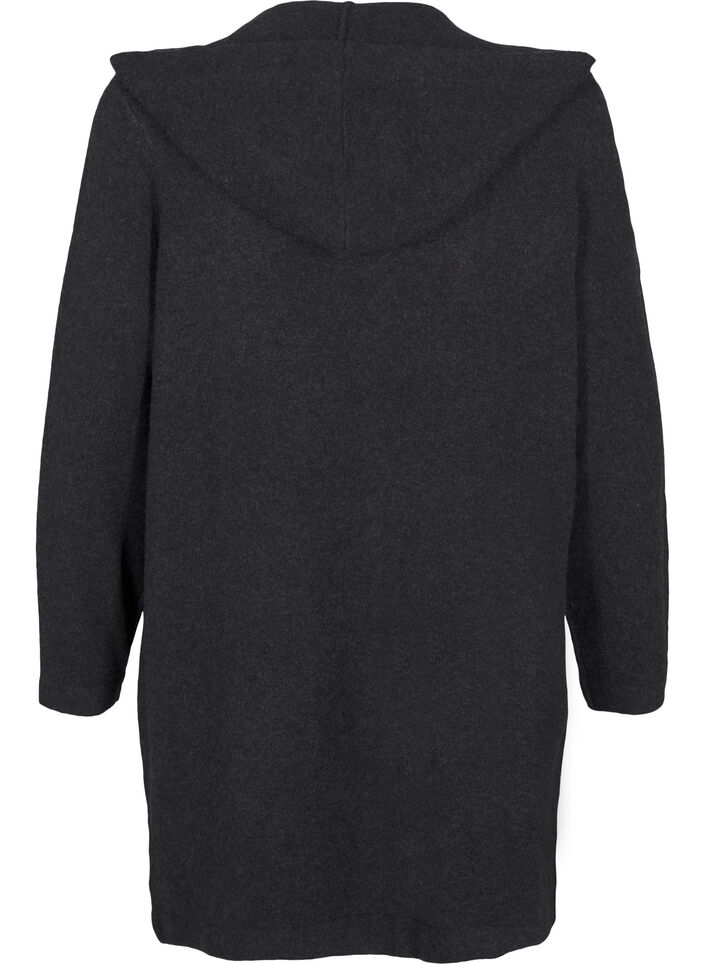 Lang strikket cardigan med ull og hette, Dark Grey Melange, Packshot image number 1