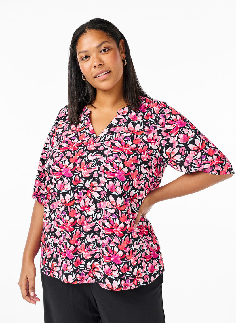 Bluse med V-hals og blomstertrykk, Black Flower AOP, Model image number 0