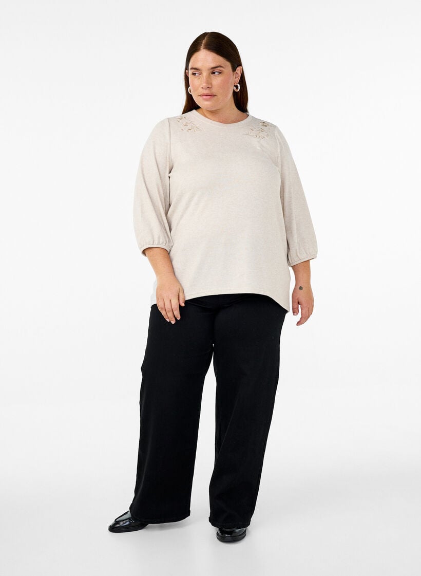 Bluse med blomsterbroderi og 3/4 ermer, Oatmeal Melange, Model image number 2