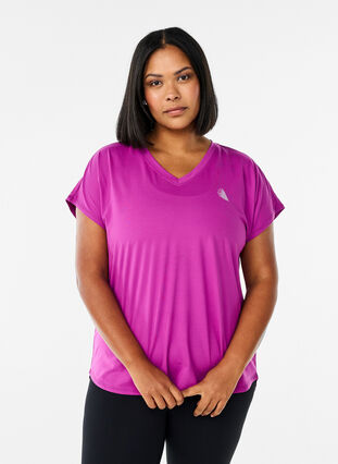 Zizzi Kortermet trenings-t-skjorte med v-hals, Lilla, Model image number 0