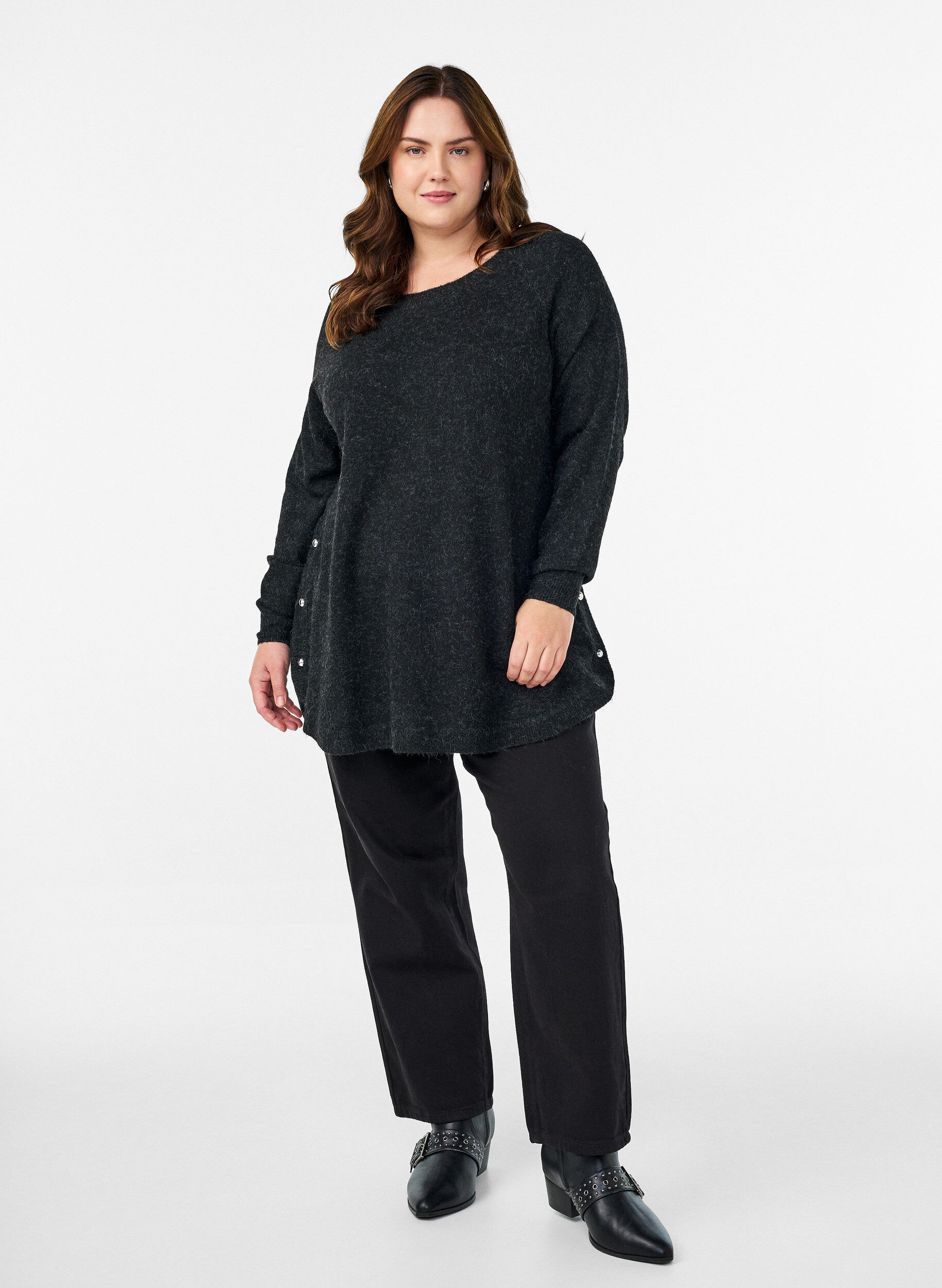 Zizzi Lang strikkebluse med kuleknapper, Gr&aring;, Model image number 1