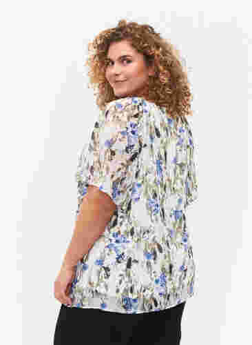 Mønstrete bluse med korte ermer, Blue Flower AOP, Model image number 1