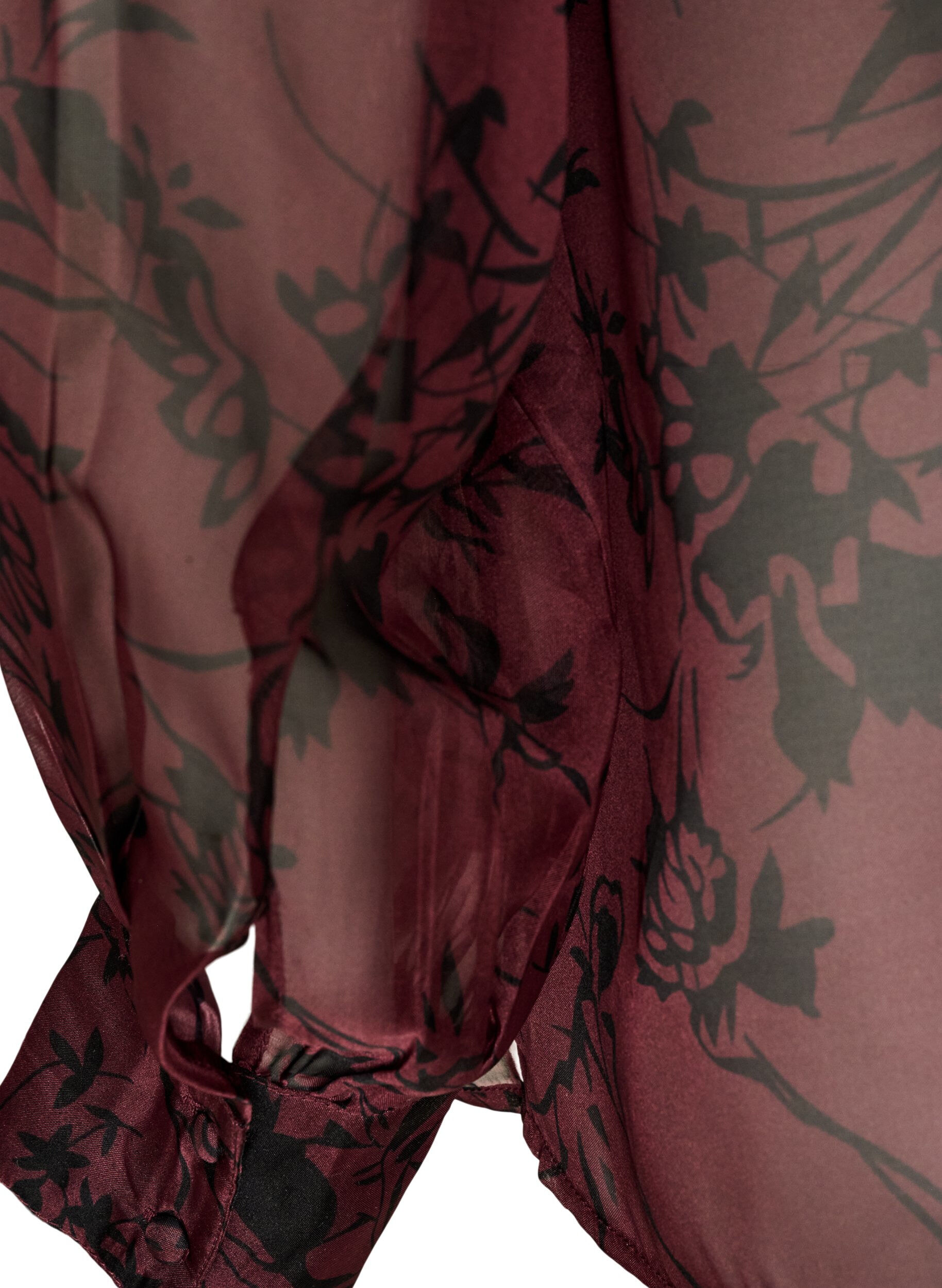 ZizziGjennomsiktig skjortebluse med blomsterm&oslash;nster og knytedetalj, M&oslash;rk Bordeaux, Packshot image number 3