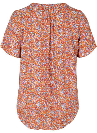 Bluse med korte ermer og V-hals, Orange Flower AOP, Packshot image number 1