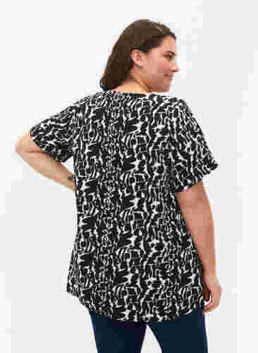 FLASH - Bluse med korte ermer og mønster, Black White AOP, Model image number 1