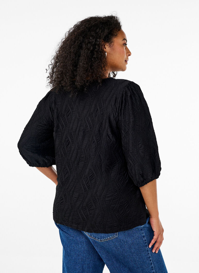 Bluse med tekstur og 3/4-ermer, Svart, Model image number 2