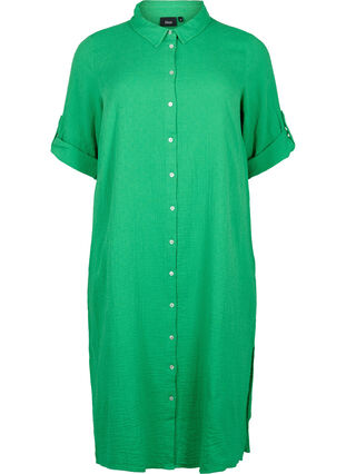 Skjortekjole i bomull med korte ermer, Bright Green, Packshot image number 0