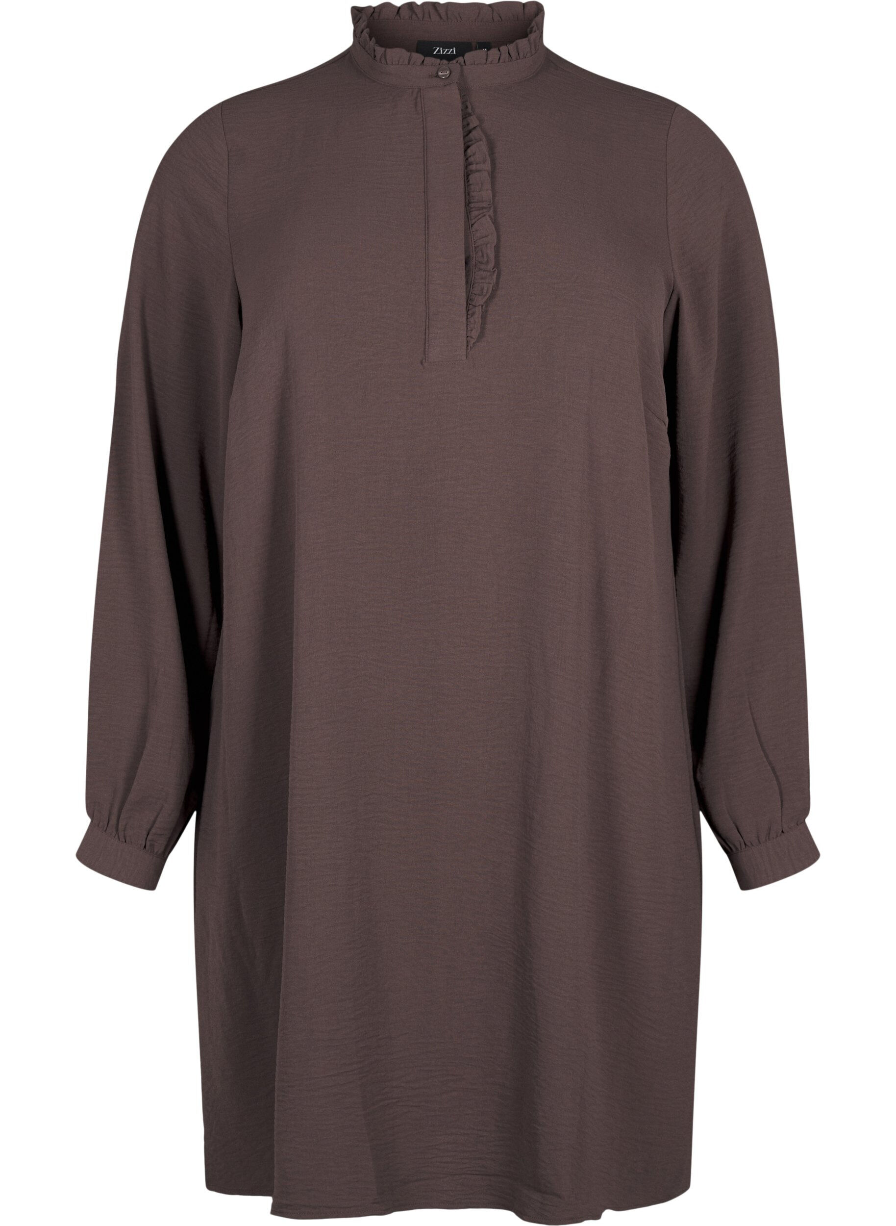 Zizzi Langermet kjole med volangedetaljer, Chocolate Martini, Packshot image number 0