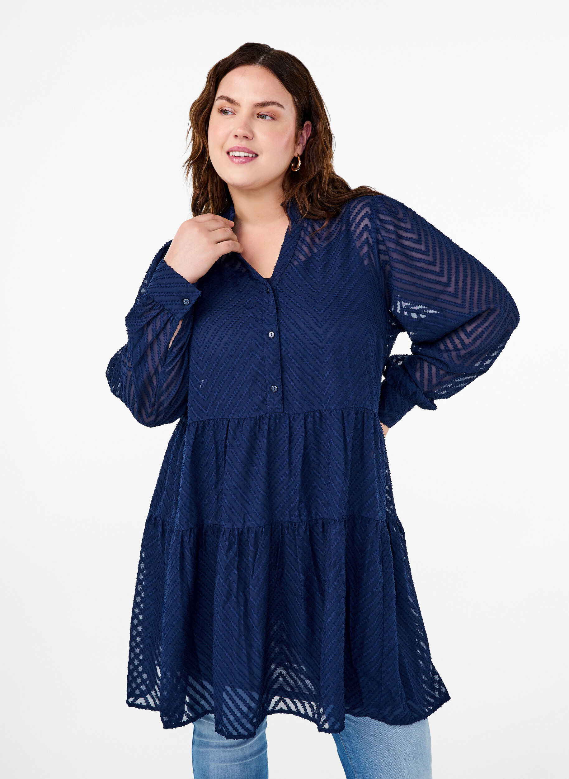 Zizzi Kort, strukturm&oslash;nstret kjole med volangkrage, Navy Blazer, Model image number 0