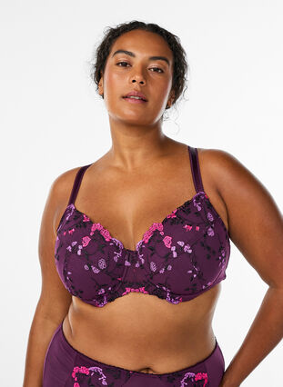 Zizzi Polstret BH med blomsterbroderi, Lilla, Model image number 0