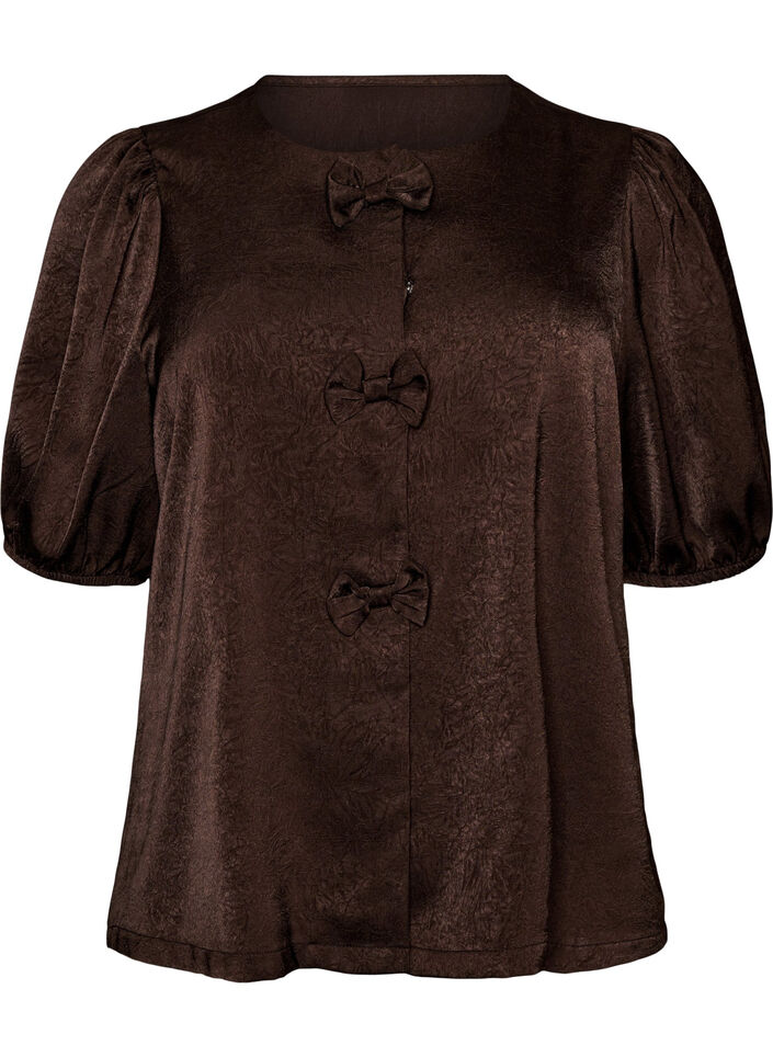 Satengbluse med sl&oslash;yfer og albuelange ermer, Brun, Packshot image number 0