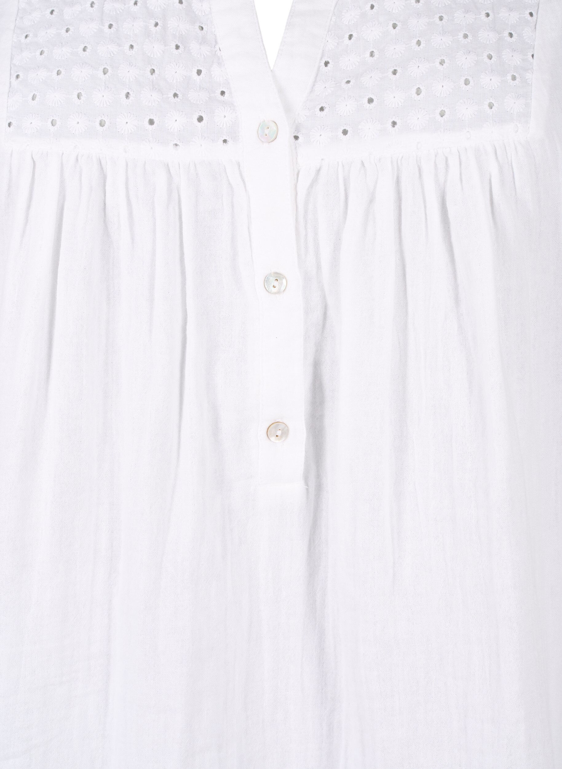 Zizzi Bomullsbluse med engelsk broderi og 3/4-ermer, Bright White, Packshot image number 2