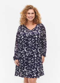 Langarmet kjole med V-hals og trykk, Blue Leaf AOP, Model
