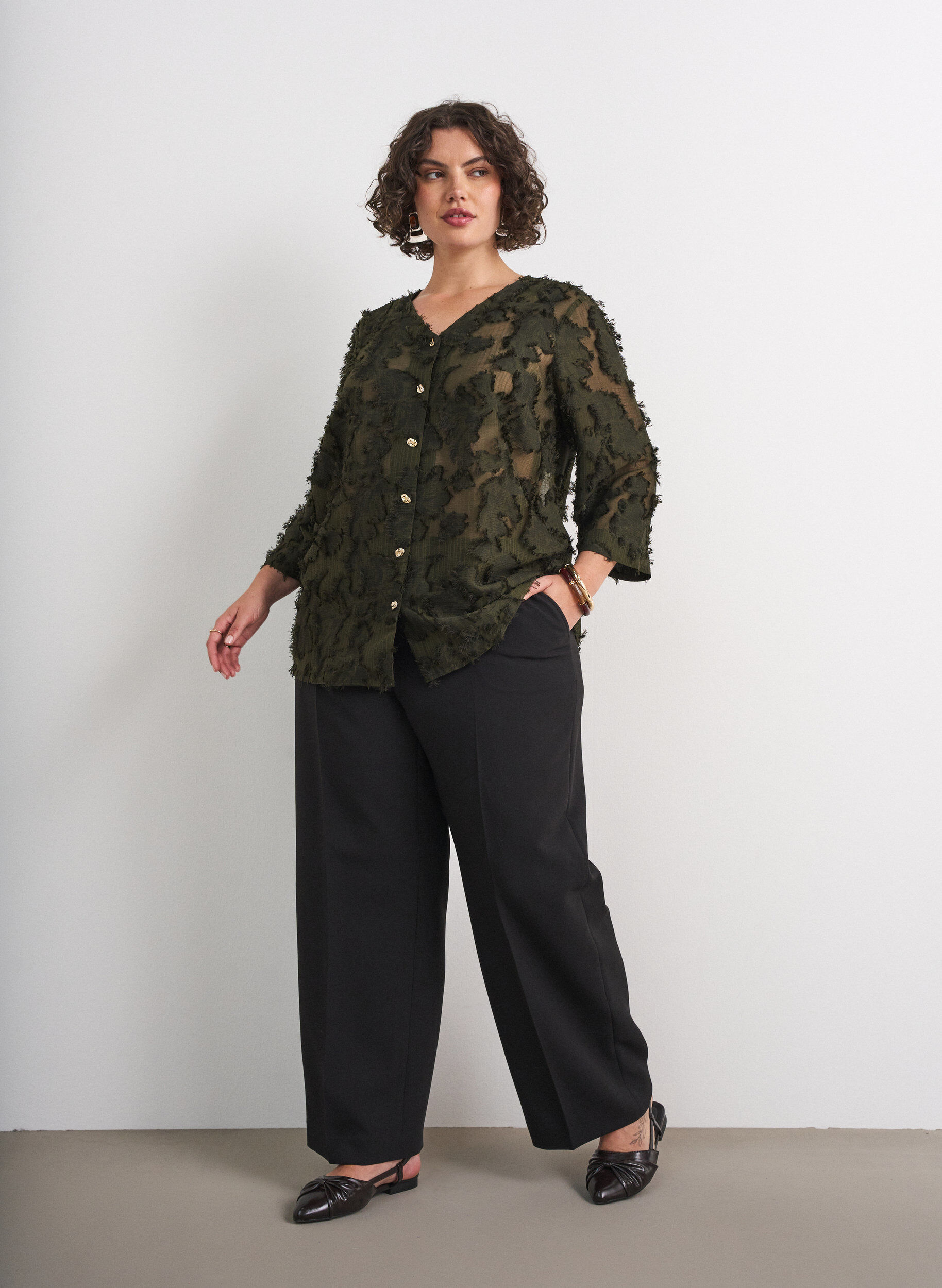 ZizziBluse med frynsete tr&aring;der og tekstur, Gr&oslash;nn, Model image number 1