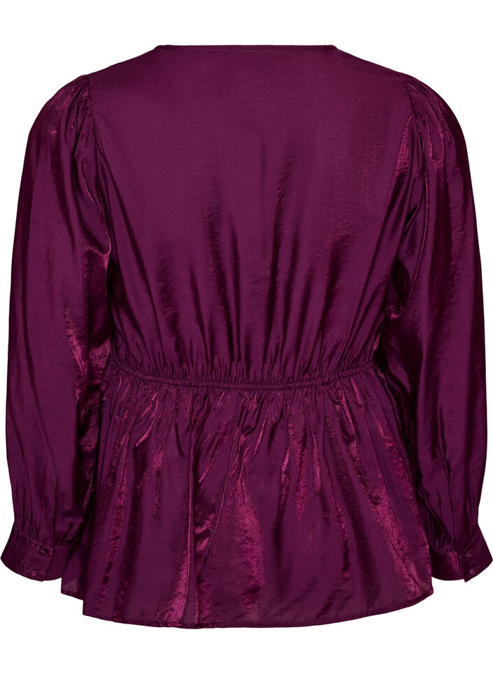 Skinnende viskosebluse med peplumeffekt, Lilla, Packshot image number 1