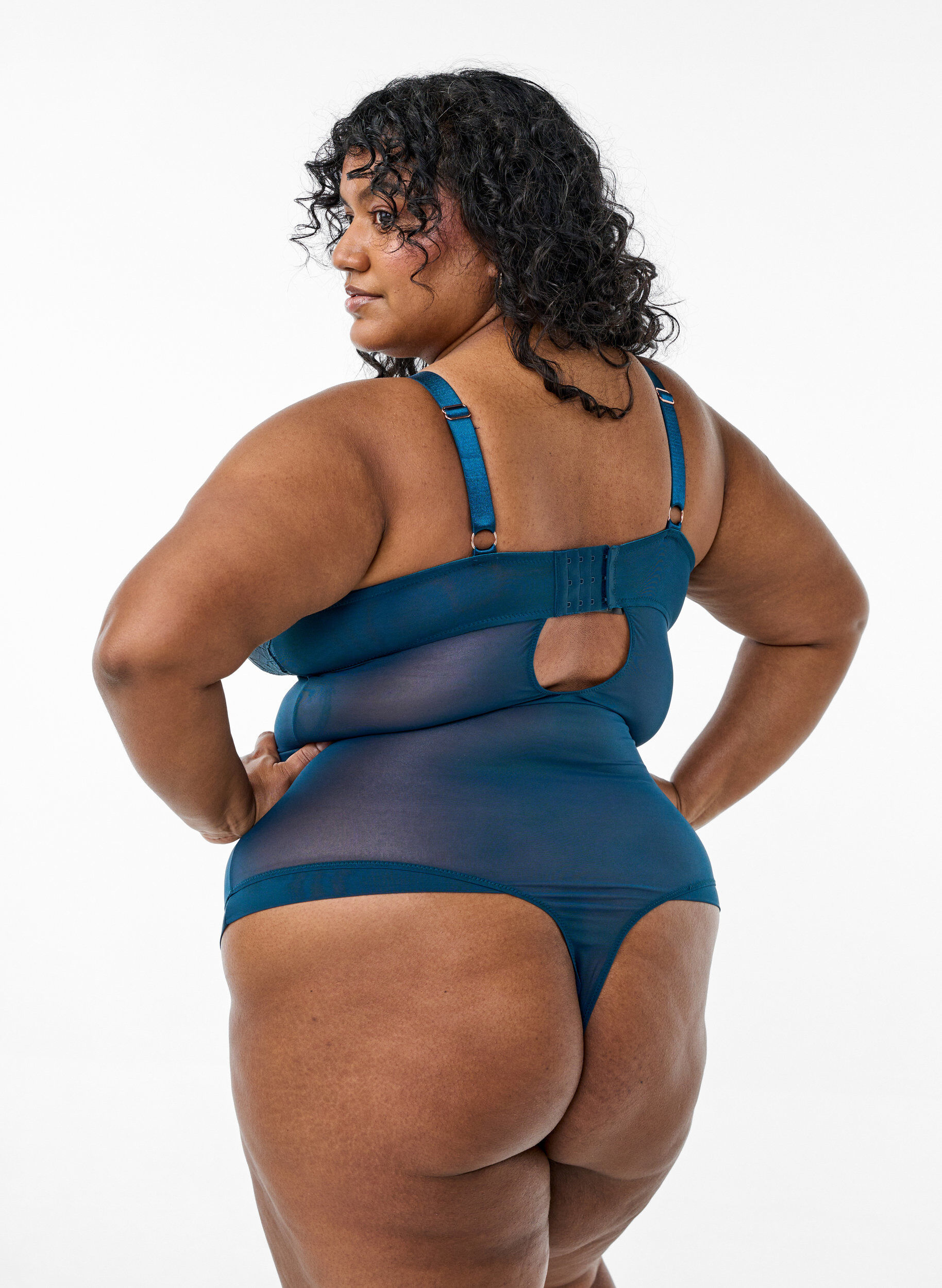 Zizzi Bodystocking med blonder og mesh, Bl&aring;, Model image number 1