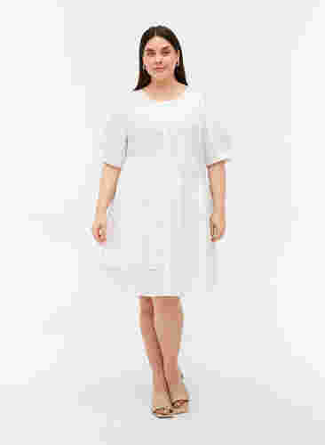 Skjortekjole i bomull med puffermer, Bright White, Model image number 2