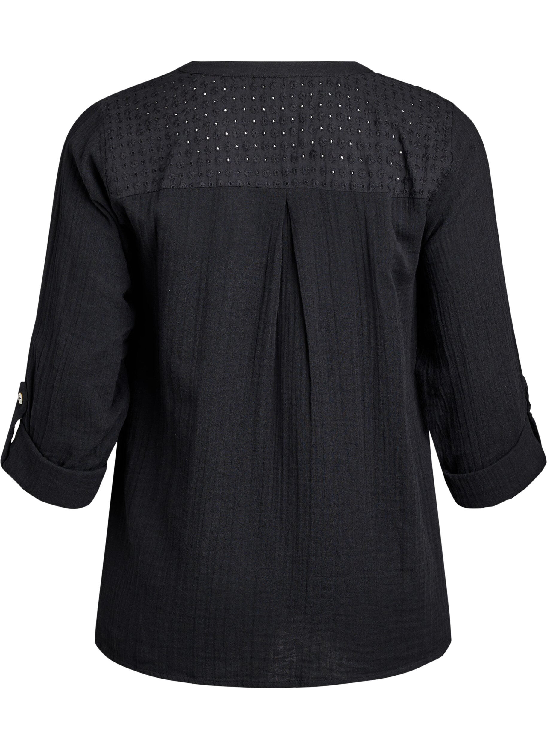 ZizziBluse i bomullsmuslin med broderie anglaise, Svart, Packshot image number 1