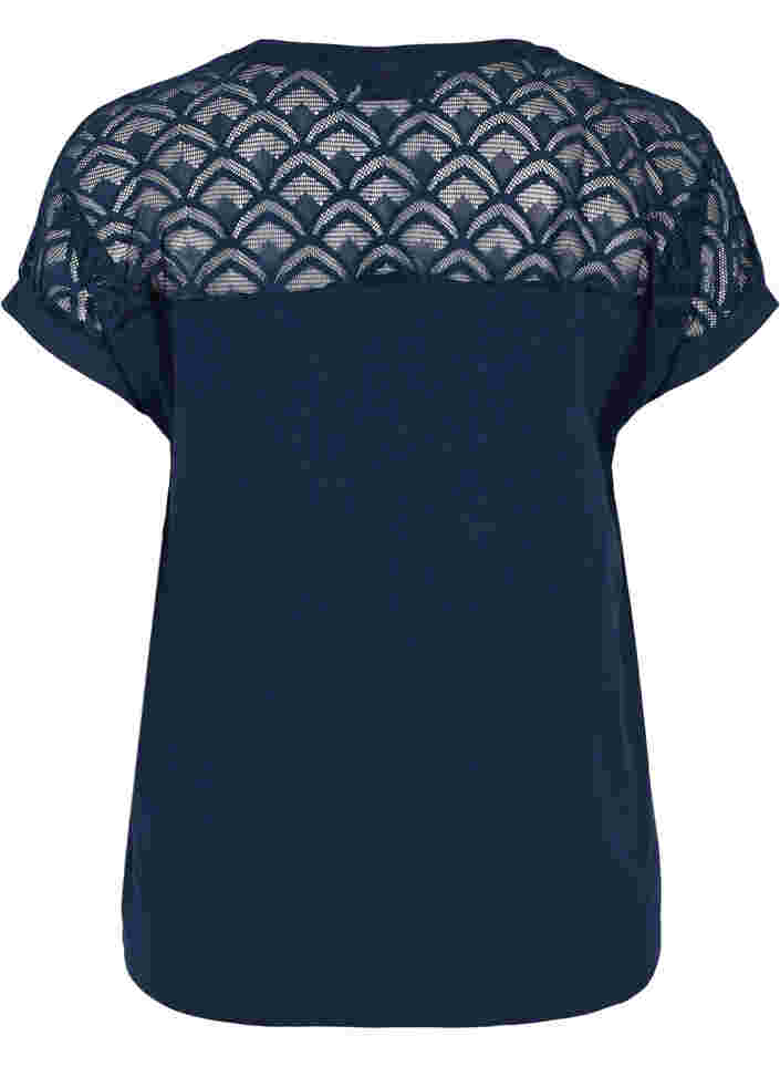 T-skjorte i bomull med blonder, Navy Blazer, Packshot image number 1
