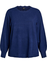 Strikkebluse med bølgete kanter, Peacoat Black Mel.