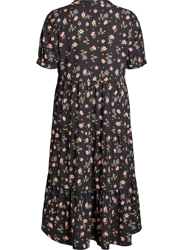 Ankellang kjole med korte ermer og lagdelte volanger, Svart, Packshot image number 1