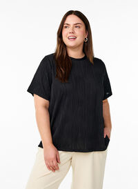 Bluse med korte ermer og bølget tekstur, Svart Bluse med korte ermer og bølget tekstur, Svart, Model