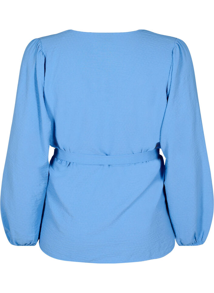 Langermet omslagsbluse med knytebelte, Della Robbia Blue, Packshot