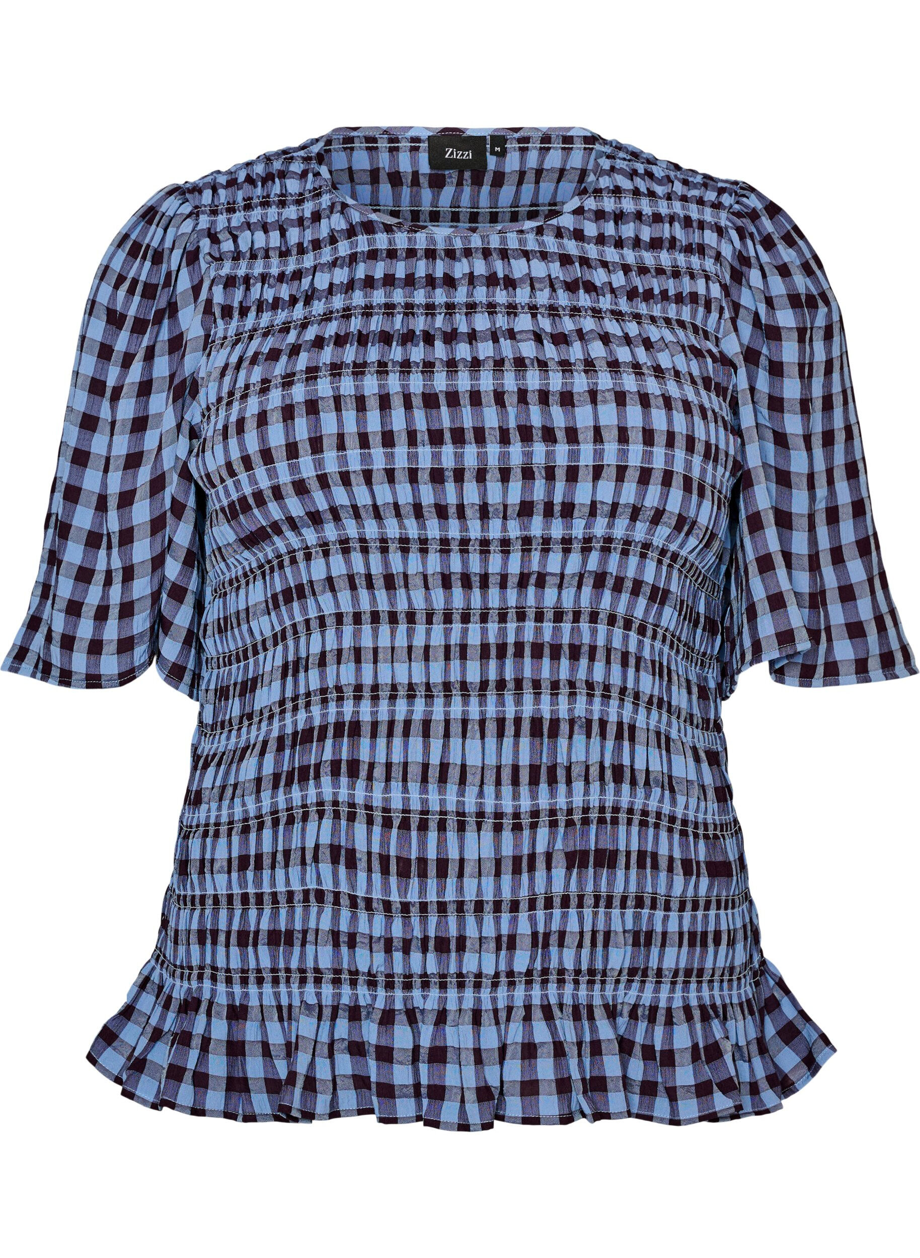 Bluse med smock, gingham-m&oslash;nster og rysjekant