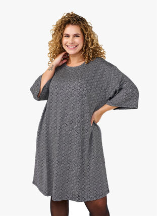 Zizzi Mønstret kjole med 3/4-ermer, Blå, Model image number 0