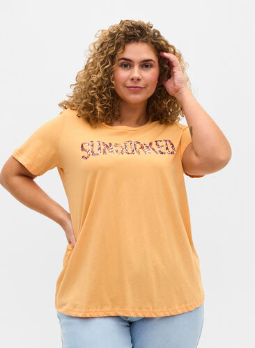 Kortermet T-skjorte i bomull med trykk, Apricot Nectar SUN, Model image number 0