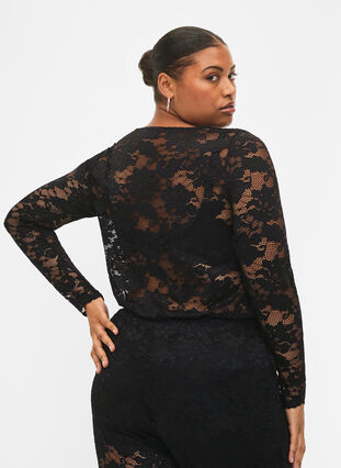 Langarmet bluse med blondekant og V-hals, Black, Model image number 1