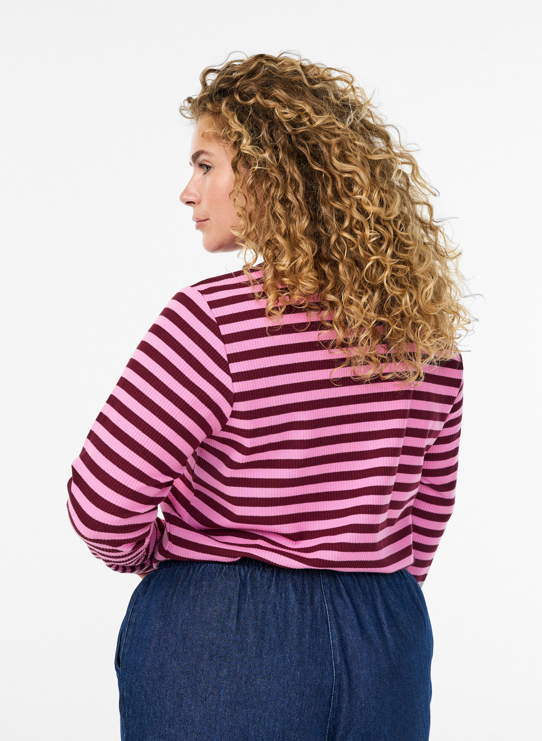 Zizzi Stripete jerseybluse med ribbet tekstur, Rosa, Model image number 2