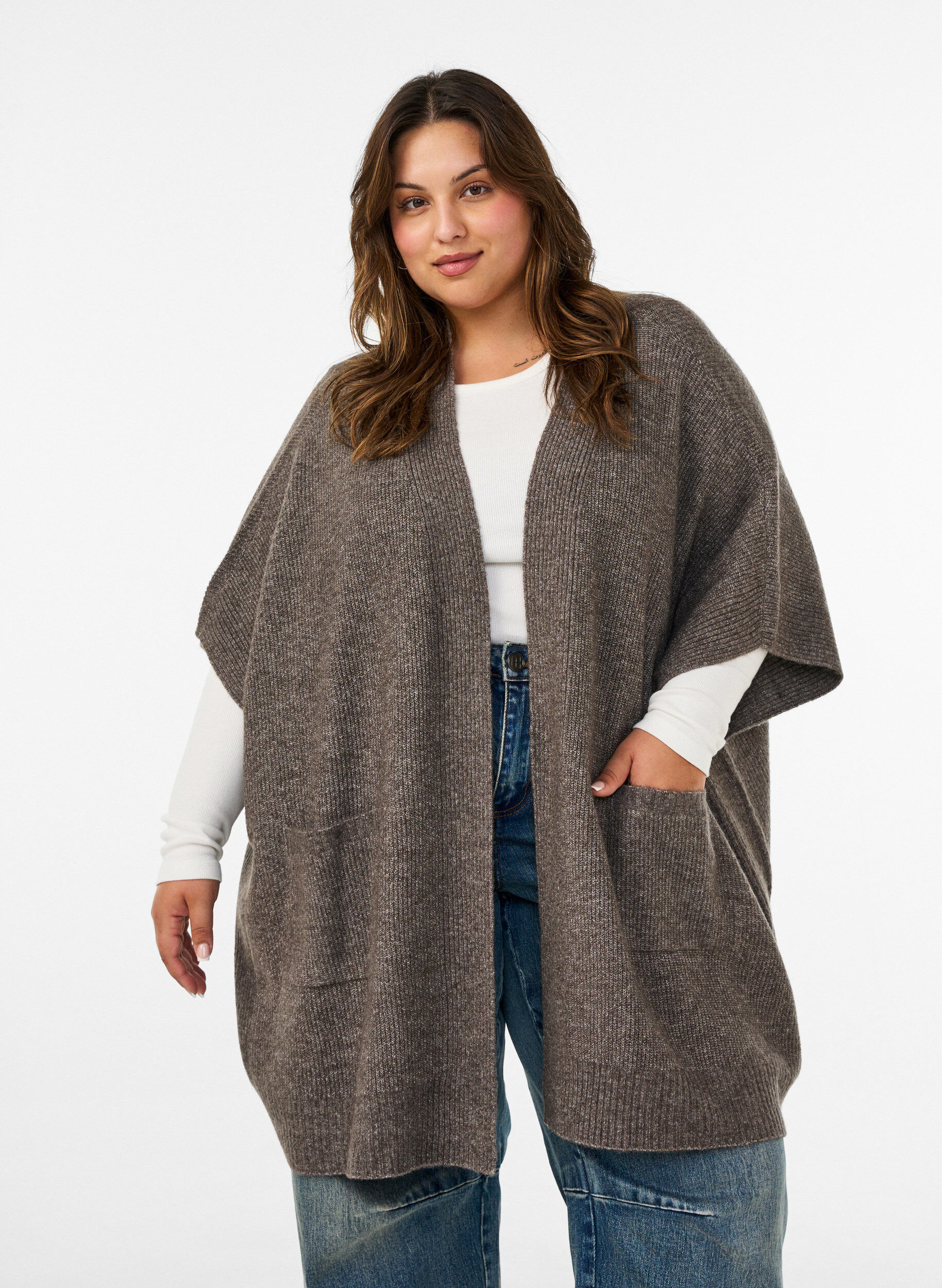 Cardigan med &aring;pen front og vide ermer, Brun, Model