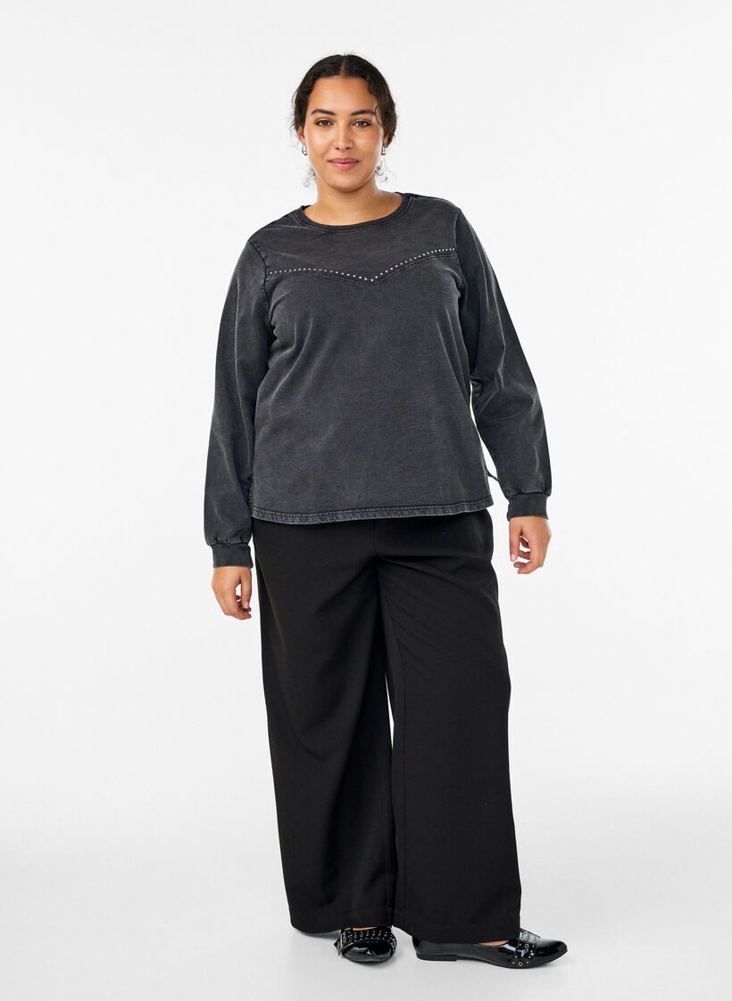 Genser med rhinesteiner og vasket effekt, Grå, Model image number 1